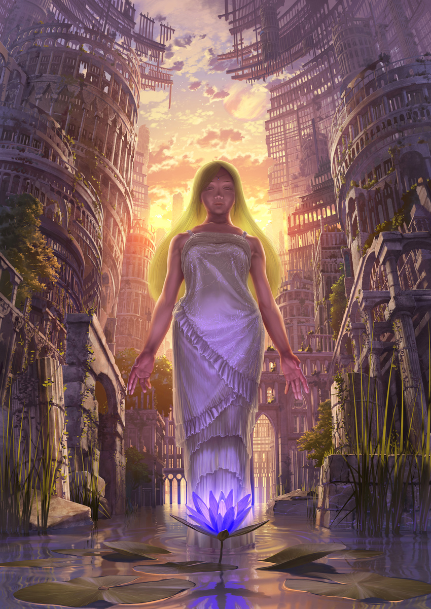 absurdres architecture bare_shoulders circlet dress earrings flower glowing hands highres jewelry lily_pad lips long_hair lotus megastructure original overgrown pixiv_festa realistic reflection reishin_(tenpurasoba) ripples ruins scenery solo standing staring sunset wading