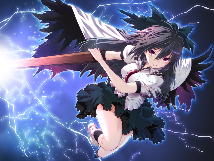arm_cannon black_wings bow brown_hair cape chikado colorized electricity hair_bow highres lightning long_hair nakajou purple_eyes red_eyes reiuji_utsuho revision shirt skirt smile solo third_eye torn_clothes torn_shirt touhou weapon wings