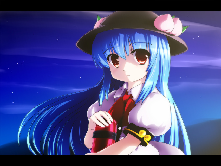 blue_hair commentary dress food fruit hat highres hinanawi_tenshi holding letterboxed long_hair night peach red_eyes solo star thermos touhou tsubasa_(abchipika)