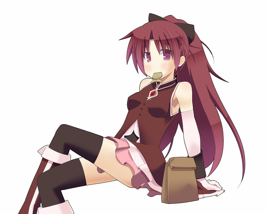 arm_support bad_id bad_pixiv_id bag black_legwear boots bow crossed_legs dress elbow_gloves food food_in_mouth gloves hair_bow hair_ornament hujikok jewelry knee_boots long_hair looking_at_viewer magical_girl mahou_shoujo_madoka_magica mouth_hold paper_bag pleated_skirt ponytail red_eyes red_hair sakura_kyouko simple_background sitting skirt sleeveless sleeveless_dress solo soul_gem taiyaki thighhighs wagashi white_background wristband zettai_ryouiki