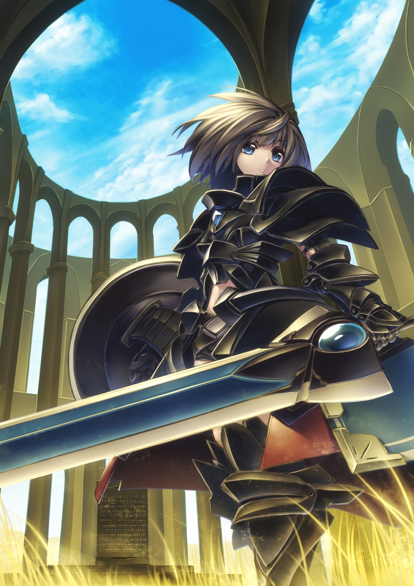 absurdres armor blue_eyes breastplate brown_hair cloud day garuku gauntlets greaves highres huge_weapon original pauldrons runes shield short_hair sky solo sword weapon