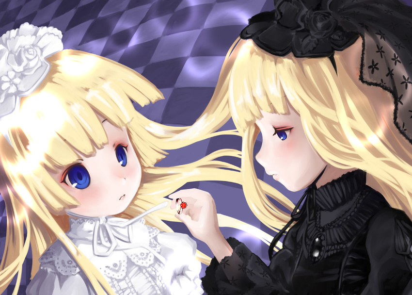 blonde_hair blue_eyes checkered checkered_floor cordelia_gallo face gosick hat jewelry kobiyuun lolita_fashion mother_and_daughter multiple_girls profile ring victorica_de_blois