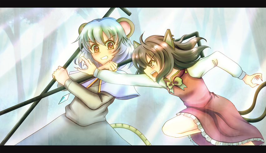 animal_ears bad_id bad_pixiv_id brown_eyes brown_hair cat_ears cat_tail chen fangs grey_hair highres mouse_ears mouse_tail multiple_girls nazrin pakapom tail touhou