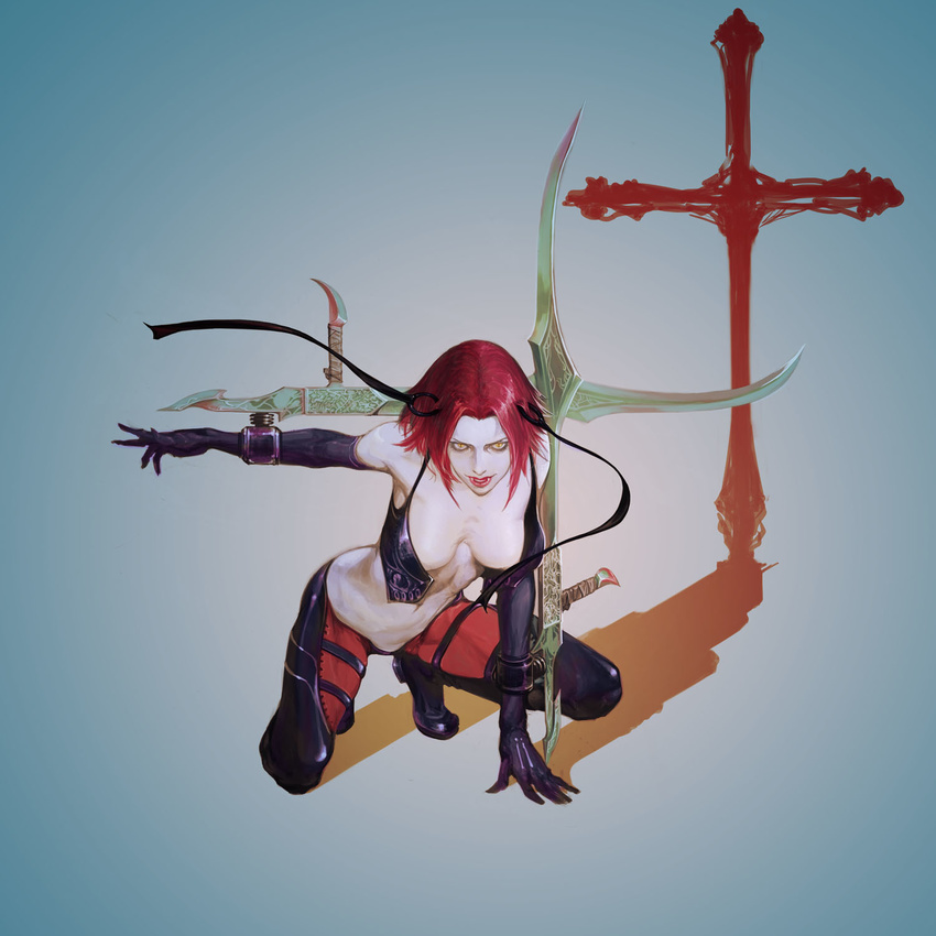 bare_shoulders bloodrayne bloodrayne_(videogame) boots breasts cross elbow_gloves fangs gloves hair_ornament highres ikeda_masateru medium_breasts open_clothes open_vest red_hair shadow short_hair slit_pupils solo squatting thigh_boots thighhighs vampire vest weapon yellow_eyes