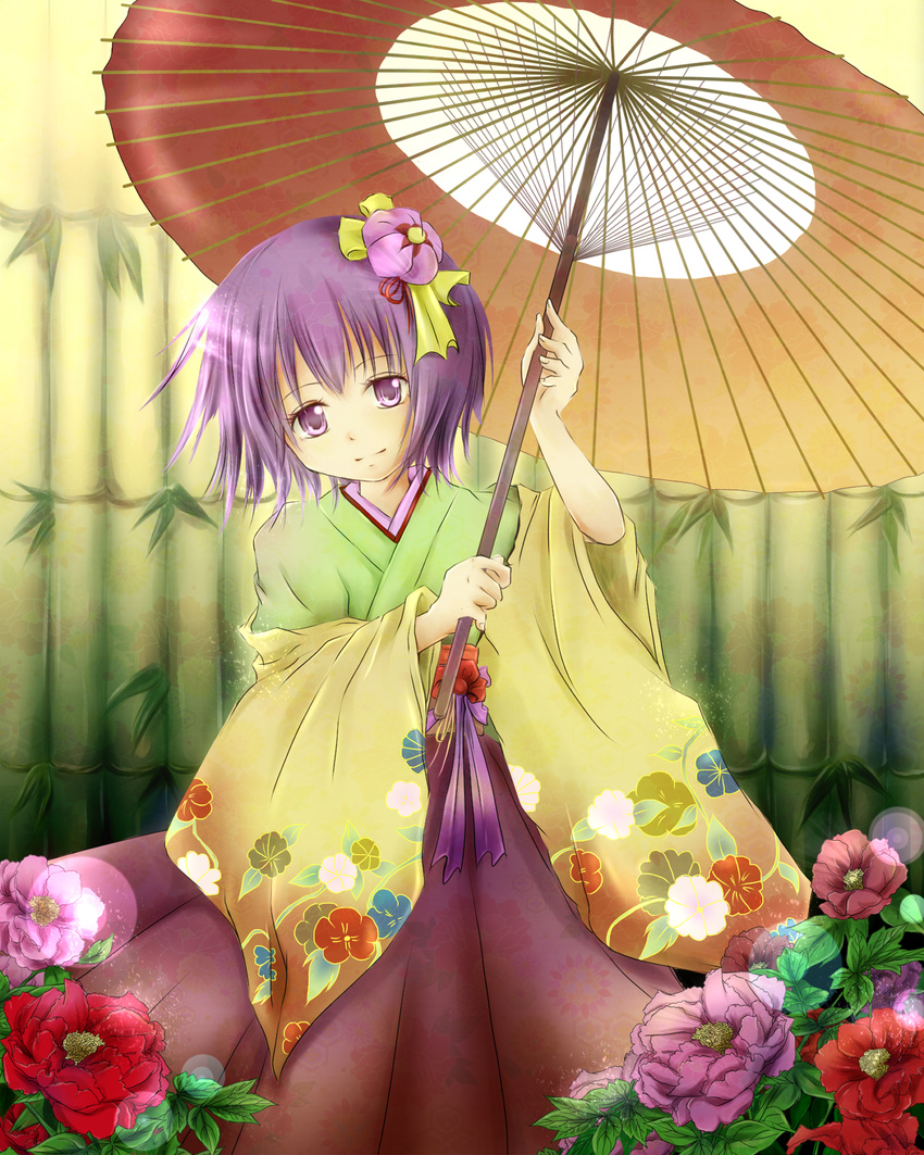 bamboo_fence dress fence floral_print flower green_dress hair_flower hair_ornament hieda_no_akyuu highres japanese_clothes kimono long_sleeves multicolored multicolored_clothes multicolored_dress oriental_umbrella purple_dress purple_eyes purple_hair rikkunia short_hair smile solo touhou umbrella yellow_dress