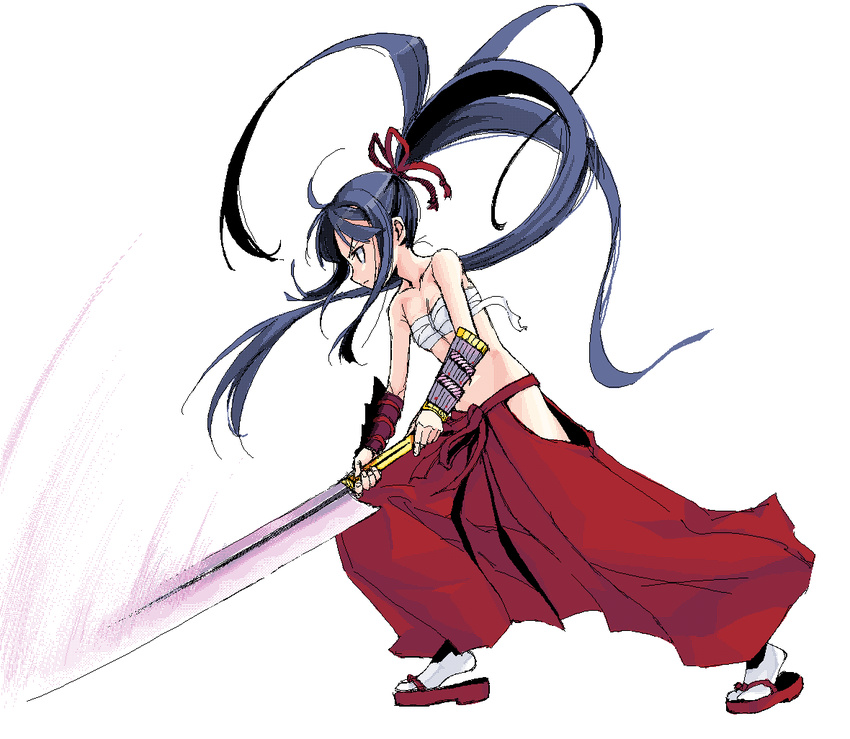 bushidou_(sekaiju) flat_chest full_body hakama high_ponytail holding holding_sword holding_weapon japanese_clothes long_hair ponytail profile red_footwear red_hakama sandals sarashi satou_atsuki sekaiju_no_meikyuu simple_background solo sword two-handed very_long_hair weapon white_background