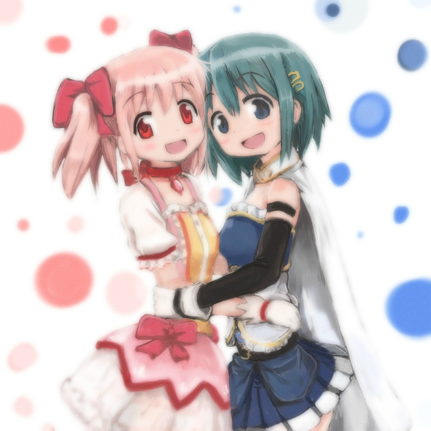 :d arms_around_waist blue_eyes blue_hair bow cape choker gloves hair_ornament hairclip hangaku highres hug kaname_madoka looking_at_viewer mahou_shoujo_madoka_magica miki_sayaka multiple_girls open_mouth pink_hair red_choker red_eyes short_hair short_twintails skirt smile traditional_media twintails watercolor_(medium)