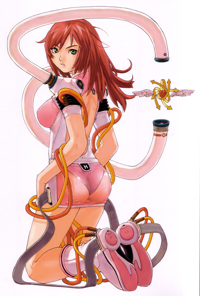 1girl absurdres armor belt bodysuit boots cable erect_nipples green_eyes high_res kneeling oshiri psikyo red_hair ribbon shoes tentacles transparent_clothing ugetsu_hakua