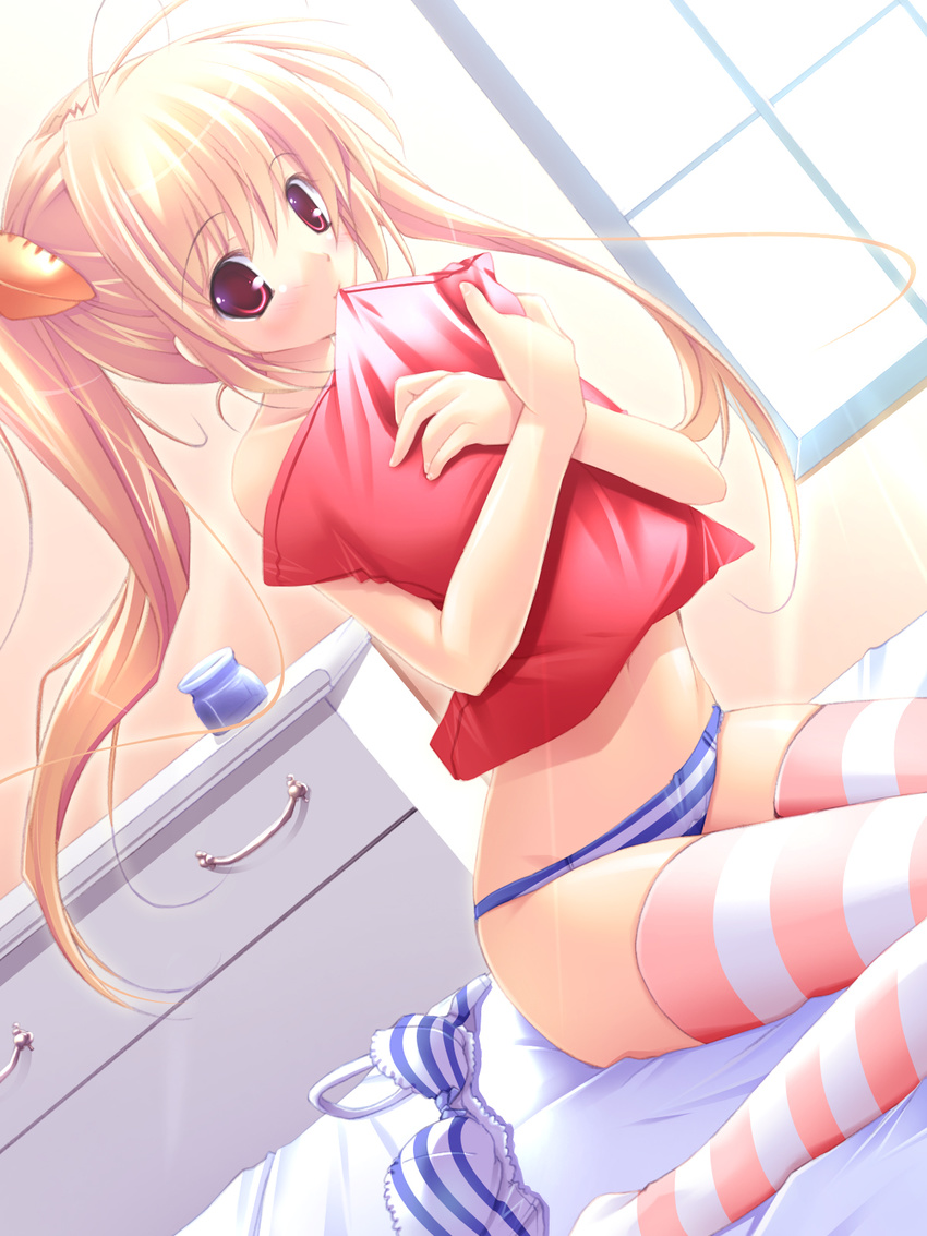 blonde_hair blue_bra blue_panties bra bra_removed copyright_request drawer duthcjs highres long_hair mikeou panties pillow pillow_hug pink_legwear red_eyes sitting solo striped striped_bra striped_legwear striped_panties thighhighs underwear underwear_only wariza
