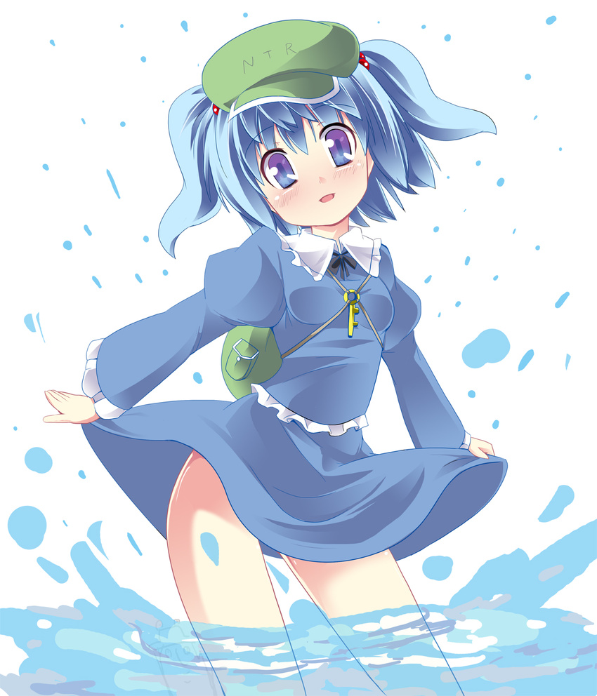 backpack bag blue_eyes blue_hair blush fa_no_hito hair_bobbles hair_ornament hat highres kawashiro_nitori key moriya_suwako no_panties open_mouth short_hair skirt skirt_lift smile solo splashing star touhou two_side_up water when_you_see_it