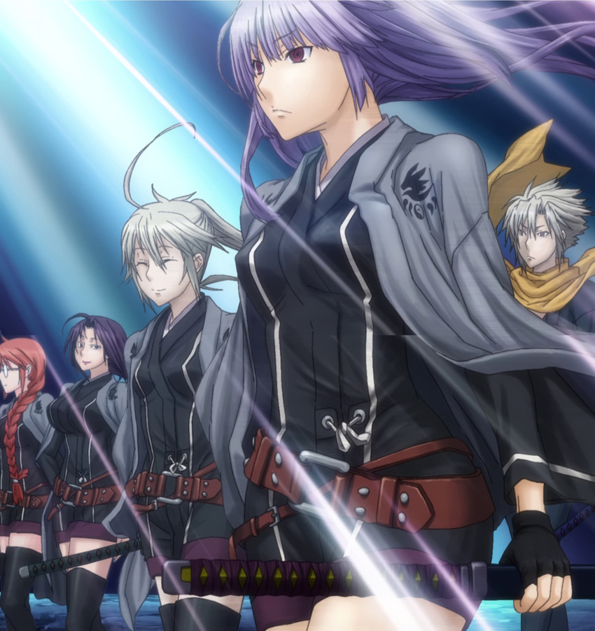 4girls ahoge asama_miya belt belts bodysuit boots breasts brown_eyes brown_hair cloak eyes_closed fingerless_gloves frown glasses gloves highres karasuba katana kazehana long_hair looking_at_viewer male man matsu matsu_(sekirei) multiple_girls mutsu mutsu_(sekirei) purple_eyes purple_hair red_eyes red_hair scarf sekirei shorts simple_background sword thigh thigh_boots thighhighs thighs twintails weapon zettai_ryouiki