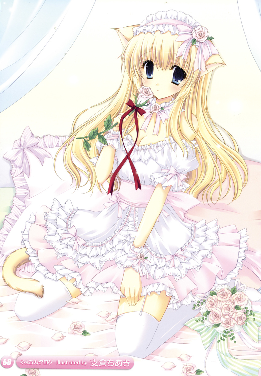 bed blonde blue_eyes bow cat_tail choker cleavage dress flower hair_bow hair_flower hair_ribbon hasekura_chiaki headdress kemonomimi leaves lolita_fashion long_hair nekomimi oppai petals pillow ribbon rose sitting tail thighhighs white_thighhighs