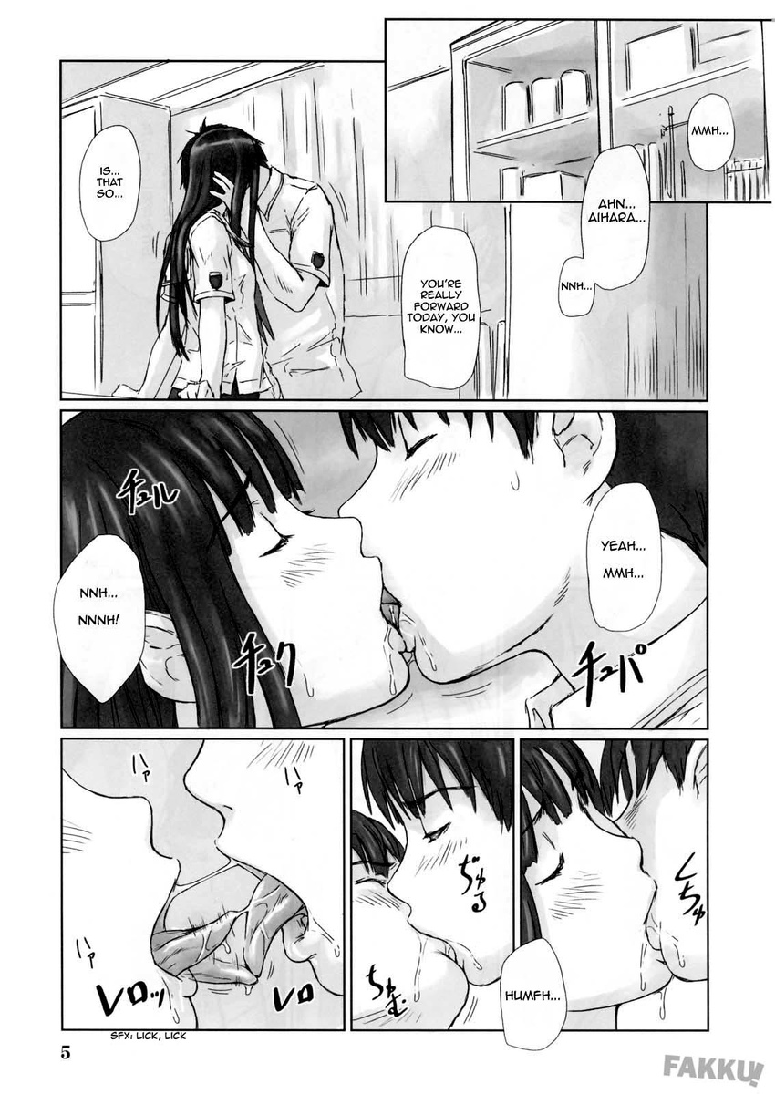 1girl comic doujinshi french_kiss futami_eriko greyscale hard_translated highres jpeg_artifacts kibina_high_school_uniform kimi_kiss kisaragi_gunma kiss monochrome school_uniform translated