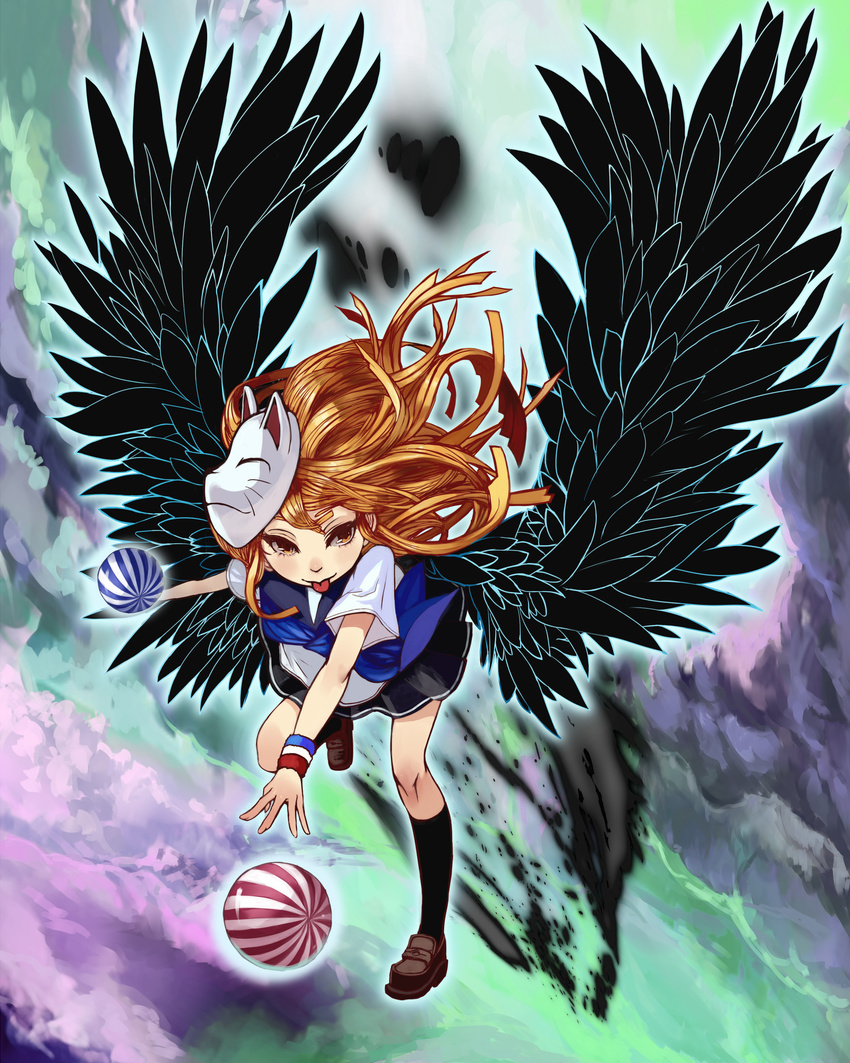 :p bad_id bad_pixiv_id ball black_wings blonde_hair fox_mask highres kansou_samehada mask original school_uniform serafuku solo tongue tongue_out wings