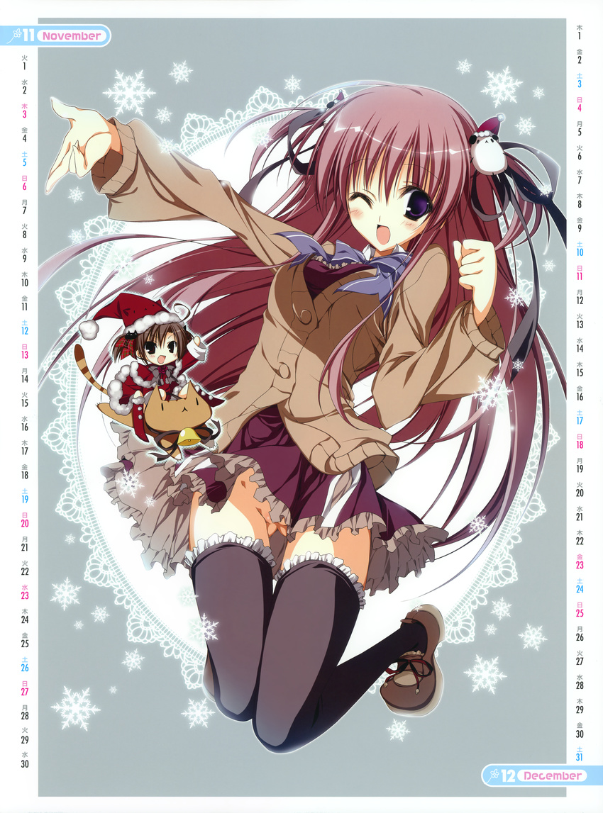 absurdres calendar_(medium) cat chibi christmas ebiten_(manga) hanamori_hakata highres huge_filesize inugami_kira jacket multiple_girls no_panties official_art one_eye_closed school_uniform thighhighs todayama_kyouko