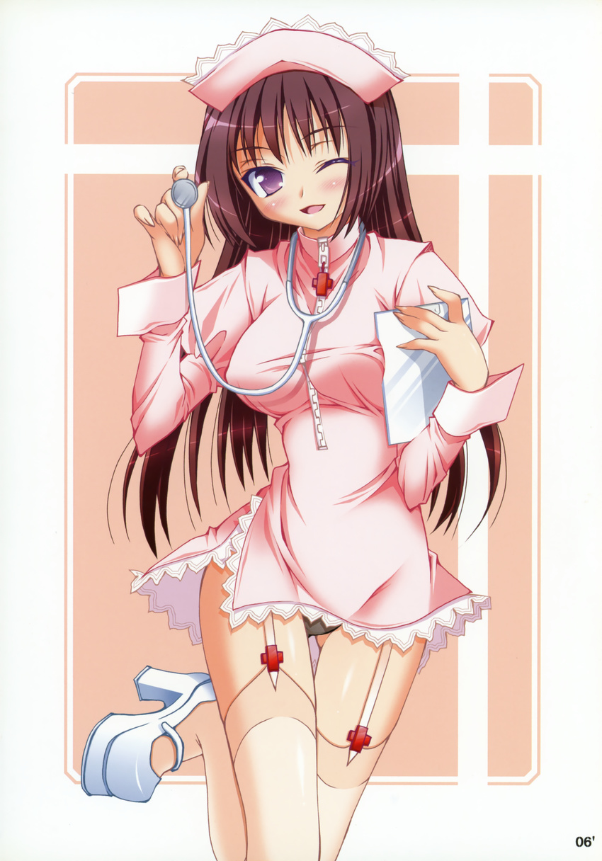 ;d absurdres black_panties breasts copyright_request garter_straps hat highres large_breasts long_hair nurse nurse_cap one_eye_closed open_mouth panties purple_eyes purple_hair sasahiro shoes smile solo stethoscope thighhighs underwear
