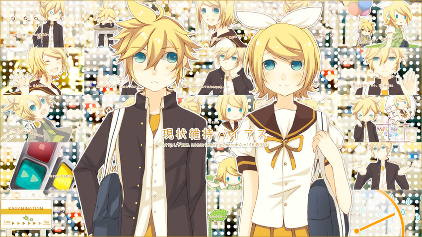 1girl bad_id bad_pixiv_id blonde_hair blue_eyes bow brother_and_sister hair_bow kagamine_len kagamine_rin school_uniform siblings soriku twins vocaloid