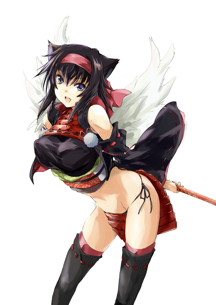 animal_ears black_eyes black_hair black_legwear highres loincloth matsukura_nemu midriff navel panties partially_colored satomi_(sengoku_taisen) sengoku_taisen short_hair side-tie_panties solo thighhighs underwear wings