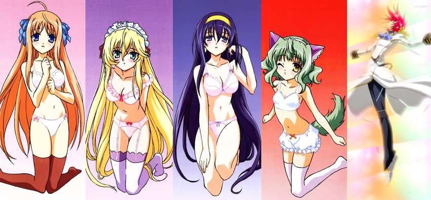 4girls adjusting_hair age_difference ahoge animal_ears arms_behind_back ascot ayanokouji_kazuya bangs belt blonde_hair bloomers blue_background blue_eyes blue_hair blush bow bow_bloomers bow_bra bow_panties bra brooch brown_legwear cat_ears clenched_hands closed_eyes coat column_lineup earrings epaulettes everyone feathers flat_chest floating frilled_bra frills garter_belt gloves gradient gradient_background green_eyes green_hair hair_between_eyes hair_ribbon hairband hand_on_thigh highres jewelry kaon kneeling kyoushirou_to_towa_no_sora lace lace-trimmed_bra lace-trimmed_panties leaning_forward lingerie long_coat long_hair long_image looking_at_viewer maid maid_headdress multiple_girls navel odd_one_out official_art one_eye_closed orange_hair outstretched_arms panties pants parted_lips pink_background pink_bra pink_panties purple_background purple_bra purple_legwear purple_panties rainbow_background red_background red_hair ribbon scan setsuna_(kyoushirou) shiokawa_takashi shiratori_kuu shoes short_hair sidelocks smile spiked_hair spread_arms strap_slip tail tarlotte thigh_gap thighhighs third-party_edit tiptoes underwear underwear_only very_long_hair wavy_hair white_bloomers white_bra white_panties wide_image wind wind_lift yellow_eyes