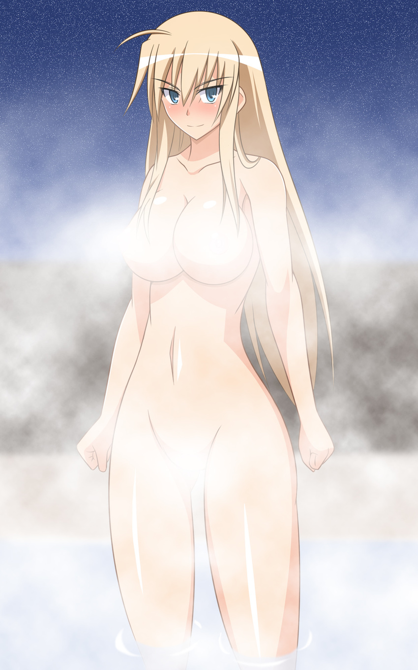 blonde_hair blush breasts censored convenient_censoring fog genzaburoh green_eyes hanna-justina_marseille highres large_breasts long_hair mist strike_witches