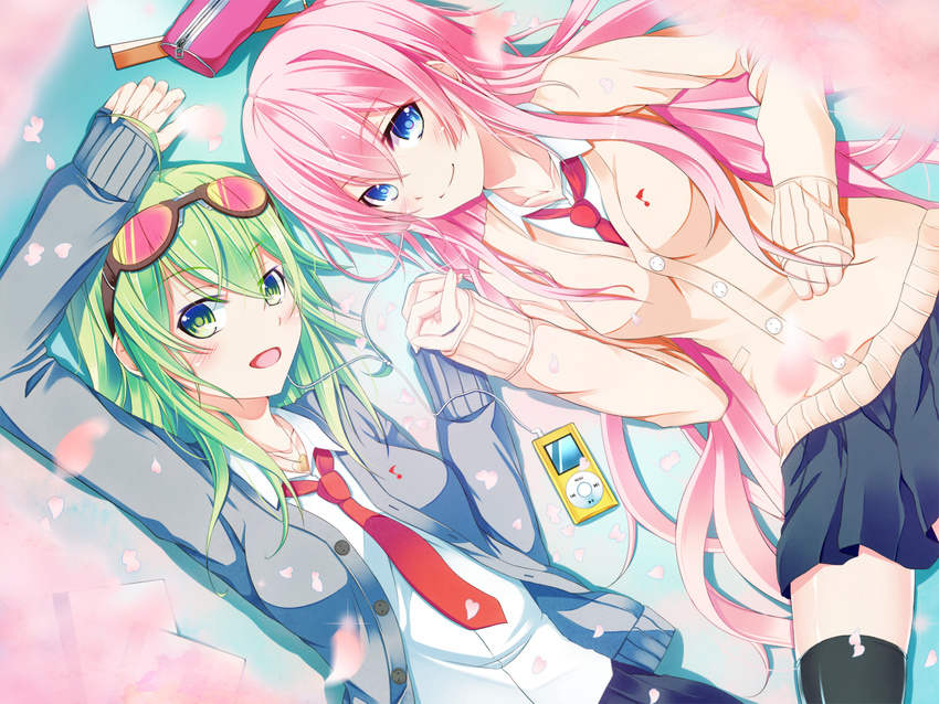 ahoge black_legwear blue_eyes blush cardigan digital_media_player earphones goggles goggles_on_head green_eyes green_hair gumi holding_hands kazeoto_kirito listening_to_music long_hair looking_at_viewer megurine_luka multiple_girls necktie open_cardigan open_clothes open_mouth pink_hair pleated_skirt school_uniform shared_earphones short_hair skirt smile sweater thighhighs vocaloid zettai_ryouiki