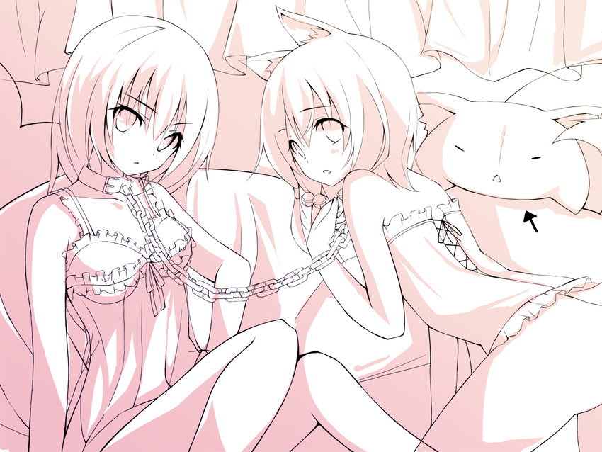 animal_ears bell bottomless bound_together camisole chain chiri_(atlanta) chiriko_(atlanta) collar cursor curtains hair_bell hair_ornament jingle_bell lingerie linked_collar looking_back monochrome multiple_girls nekojirou original tail ten'inkou_korin underwear underwear_only