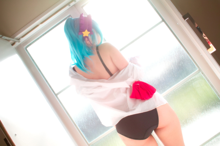 asian ass black_bra black_panties blue_hair bra cosplay demon_girl kurono_kurumu kuruno_kurumu kuruno_kurumu_(cosplay) lingerie open_clothes open_shirt panties photo real rosario+vampire shirt snow_flakes succubus thighs underwear