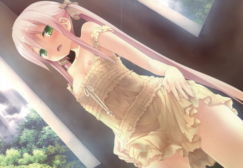 absurdres blush cafe_sourire crease dengeki_hime dress dress_lift eretto face from_below green_eyes hands_on_hip hands_on_hips highres hips mizushima_serika nipples open_mouth pink_hair scan small_breasts solo thighs twintails wet wet_clothes