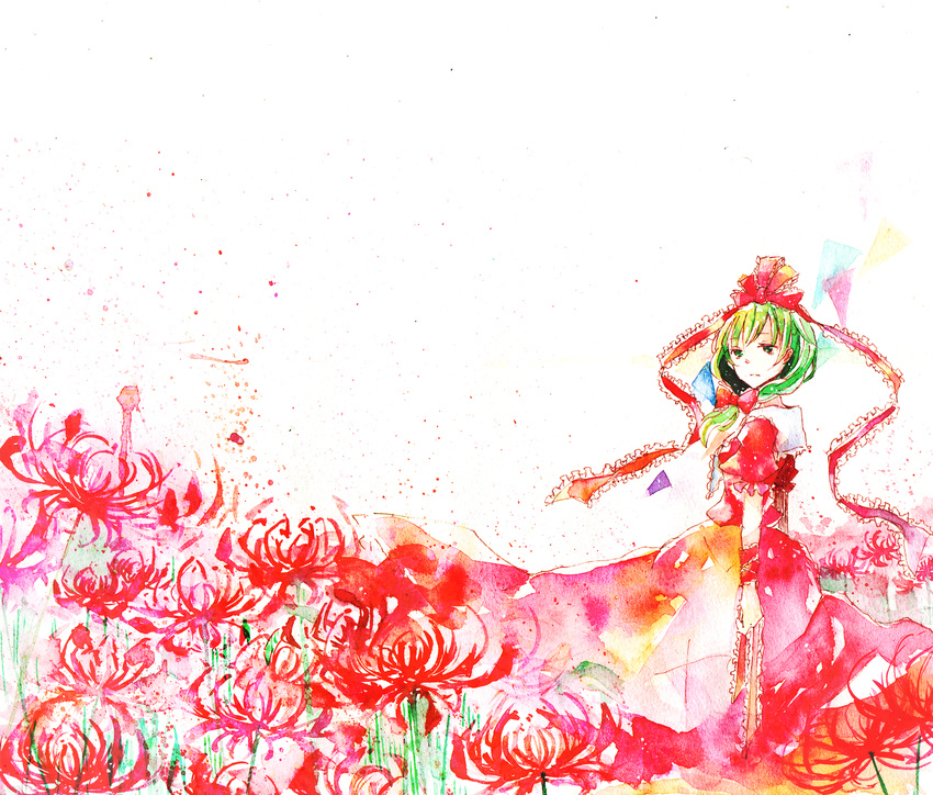 flower green_hair highres kagiyama_hina long_hair shiratsuyu solo spider_lily touhou traditional_media watercolor_(medium)