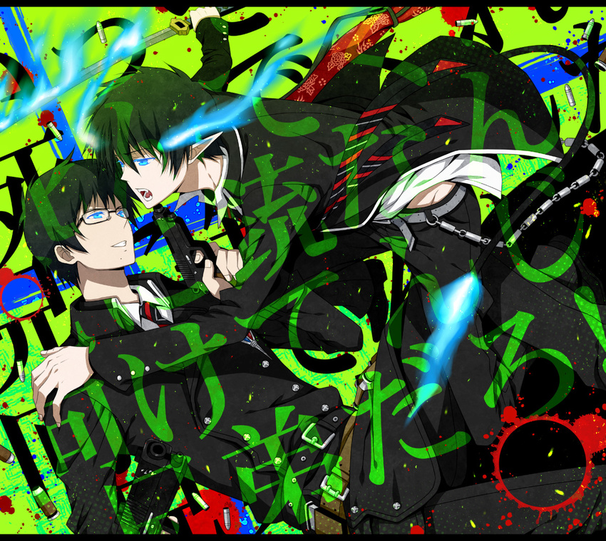 aiming ao_no_exorcist bad_id bad_pixiv_id black-framed_eyewear black_hair blue_eyes brothers coat fangs finger_on_trigger flaming_sword glasses glowing glowing_eyes green_background grin gun holding holding_gun holding_sword holding_weapon long_sleeves male_focus multiple_boys necktie okumura_rin okumura_yukio open_mouth outstretched_arm pointy_ears school_uniform shell_casing siblings smile sword tail tail-tip_fire unsheathed weapon yuuno_(yukioka)
