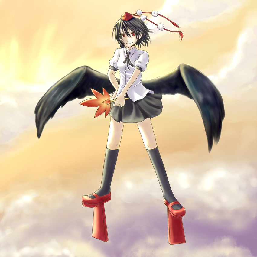 bad_id bad_pixiv_id black_hair fuji_tsugu geta hat highres looking_at_viewer red_eyes shameimaru_aya short_hair skirt solo tokin_hat touhou wind wings