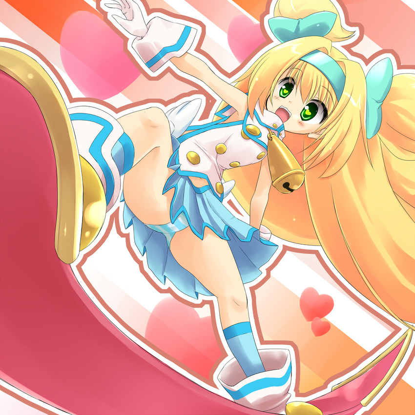 :d armpits belt blazblue blonde_hair blue_legwear bow from_below full_body gloves green_eyes hair_intakes hair_ribbon hairband happy heart heart-shaped_pupils highres long_hair magical_girl open_mouth panties pantyshot platinum_the_trinity pleated_skirt quad_tails ribbon skirt smile socks solo spread_legs striped striped_panties symbol-shaped_pupils tenjou_ryuka two_side_up underwear wand white_gloves
