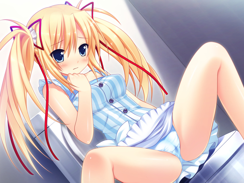 blonde_hair blue_eyes blush game_cg makita_maki mecha-con! panties sawatari_saki twintails underwear