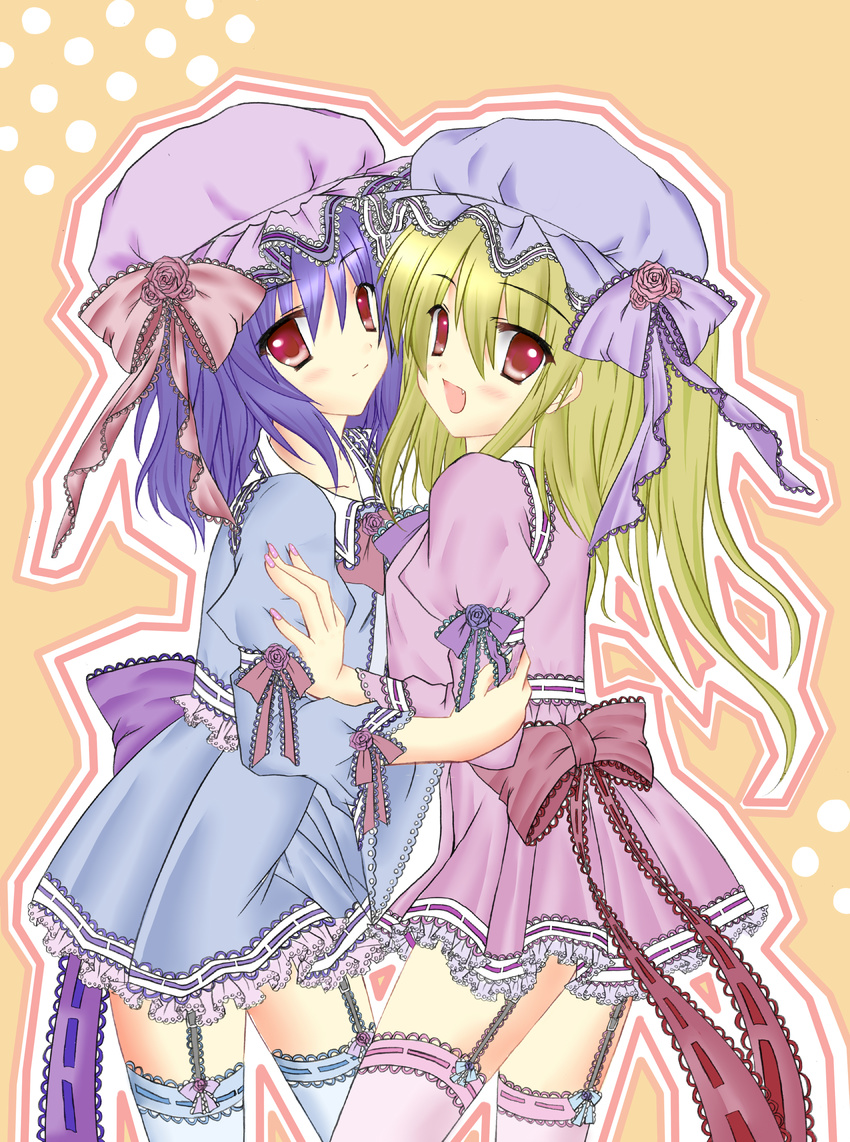 2girls blonde blue_hair blue_thighhighs bow dress flandre_scarlet hair_bow hair_ribbon hat high_res hug long_hair nanamisa open_mouth pink_thighhighs red_eyes remilia_scarlet ribbon short_hair sisters smile thighhighs touhou