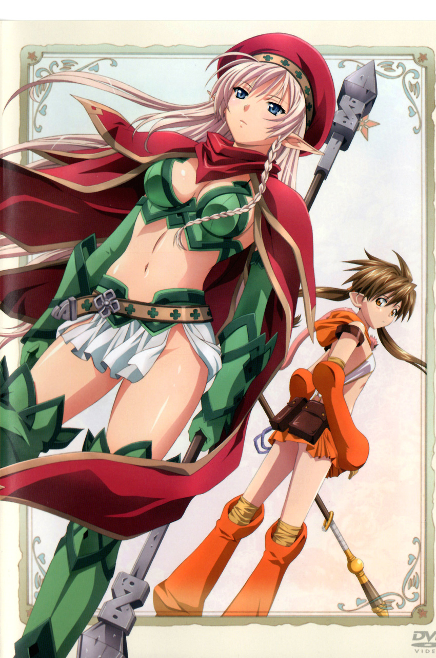 absurdres alleyne_(queen's_blade) artist_request beret blonde_hair blue_eyes boots braid breasts brown_eyes brown_hair cape cleavage cover dvd_cover elbow_gloves elf flat_chest gloves green_footwear hat highres long_hair medium_breasts midriff miniskirt monkey multiple_girls nowa pointy_ears polearm queen's_blade ruu_(queen's_blade) side_braid skirt staff thigh_boots thighhighs twintails weapon