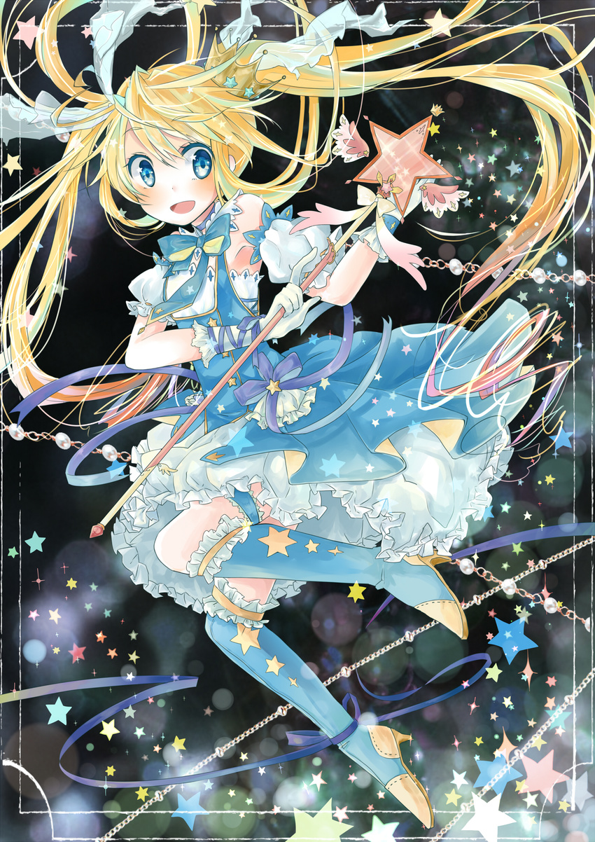 absurdres armpits blonde_hair blue_eyes bow choker crown dress gloves high_heels highres long_hair lunica magical_girl necktie original shoes solo star symbol-shaped_pupils twintails wand