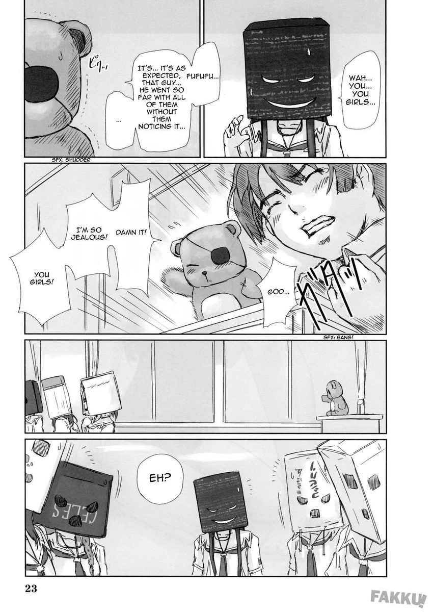 5girls bag_over_head comic futami_eriko greyscale hard_translated highres jpeg_artifacts kimi_kiss kisaragi_gunma monochrome multiple_girls translated watermark