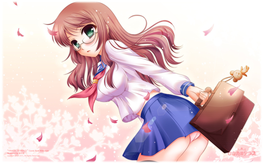 bag black_legwear blush breasts brown_hair cellphone_strap glasses green_eyes highres hinata_terrace lens_flare long_hair medium_breasts panties pantyshot petals pink_panties sakaki_natsu school_bag school_uniform serafuku solo thighhighs underwear wallpaper yamanaka_fumika