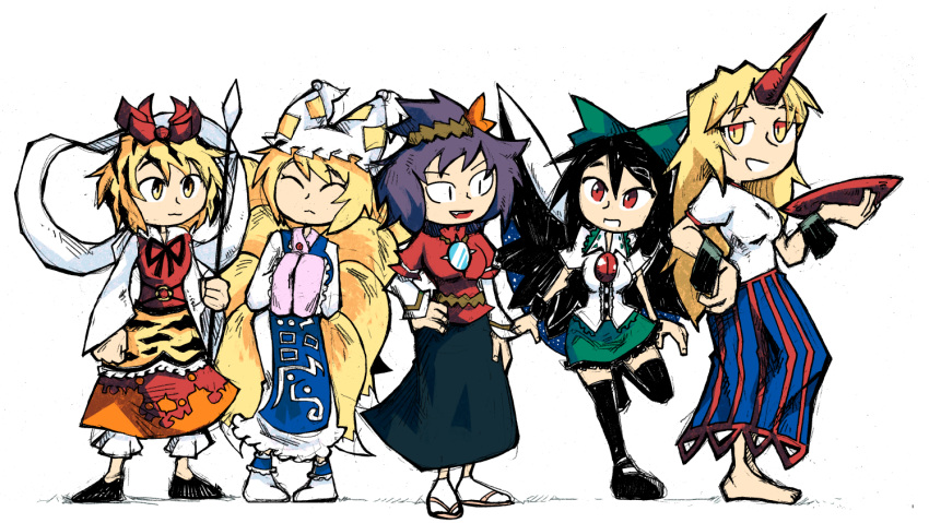 animal_ears barefoot black_hair black_legwear blonde_hair blue_skirt boots bow closed_eyes closed_mouth commentary cup dress fox_ears fox_tail green_bow green_skirt hair_bow hand_on_hip hands_in_opposite_sleeves hat holding holding_weapon horn hoshiguma_yuugi long_sleeves multiple_tails open_mouth pigeon-toed pillow_hat polearm purple_hair red_eyes red_shirt red_skirt red_vest reiuji_utsuho sakazuki sandals sanpaku setz shirt simple_background skirt smile spear standing standing_on_one_leg tabard tail thighhighs toramaru_shou touhou vest weapon white_background white_dress white_legwear white_shirt wings yakumo_ran yasaka_kanako yellow_eyes