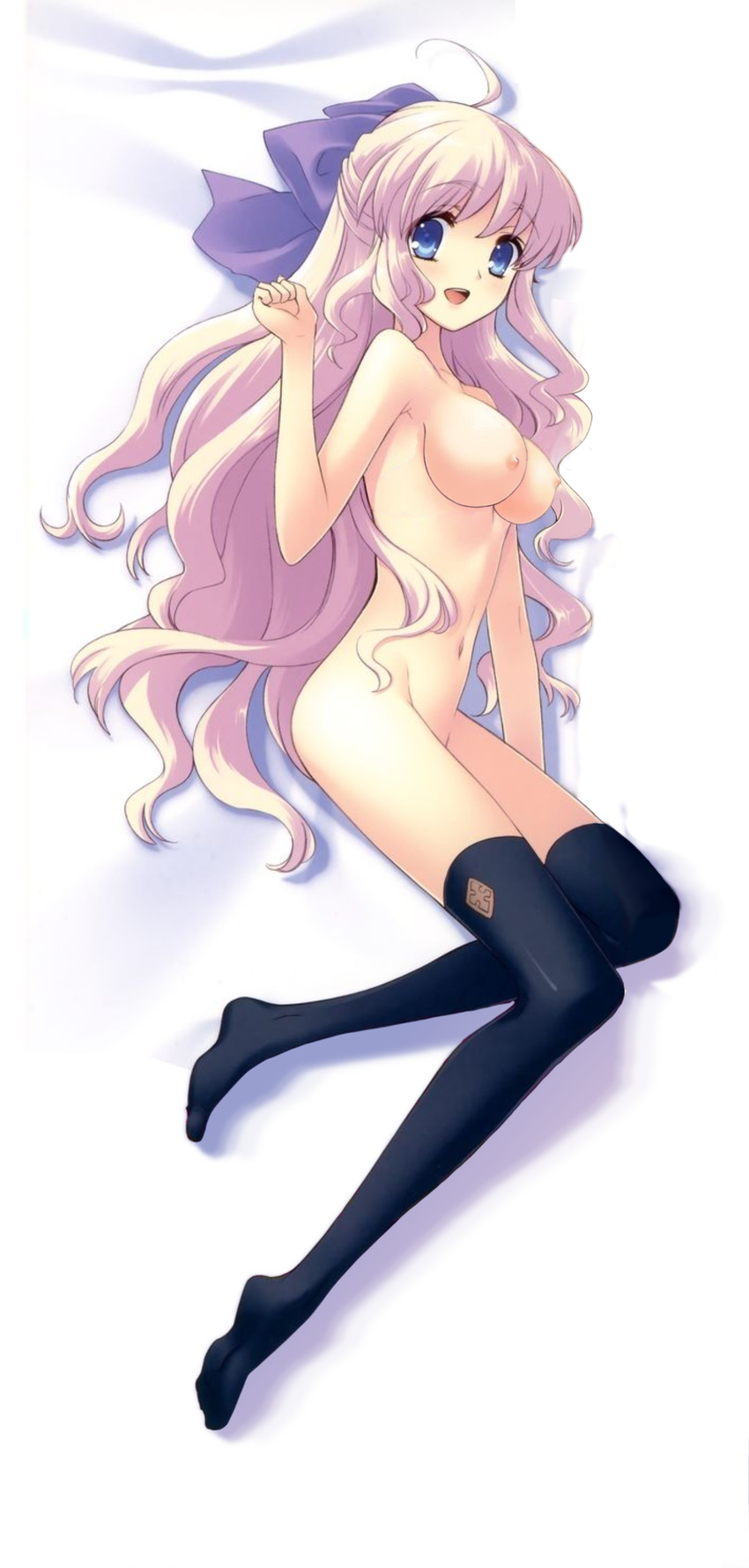 :d absurdres ahoge black_legwear blonde_hair blue_eyes bow breasts cleavage flyable_heart hair_bow highres itou_noiji large_breasts long_hair long_legs lying minase_sakurako nipples nude on_side open_mouth scan smile solo thighhighs