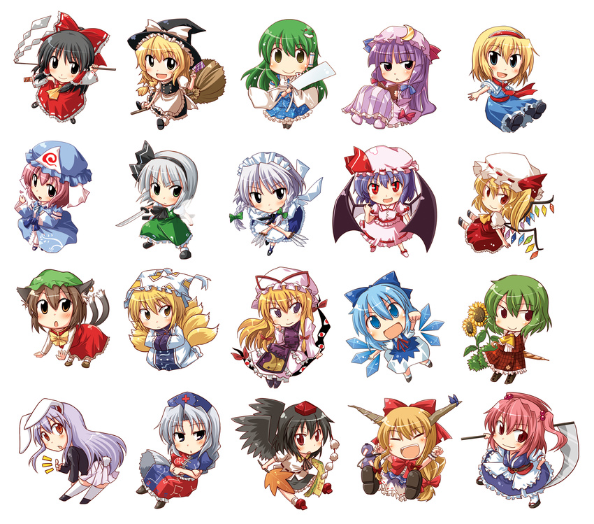 :&lt; alice_margatroid all_fours animal_ears apron bat_wings black_eyes black_hair blonde blue_eyes blue_hair bow broom brown_eyes bunny_tail chen chibi cirno detached_sleeves dress eyes_closed feathers flandre_scarlet flower green_eyes green_hair hair_bobbles hair_bow hair_ribbon hairband hakurei_reimu hat hat_ribbon high_res hong_meiling horns ibuki_suika ice izayoi_sakuya kazami_yuuka kemonomimi kirisame_marisa knife kochiya_sanae konpaku_youmu long_hair maid maid_headdress miko multiple_tails nekomimi nurse nurse_cap onozuka_komachi open_mouth patchouli_knowledge pikachi pink_hair purple_hair red_eyes reisen_udongein_inaba remilia_scarlet ribbon saigyouji_yuyuko scythe shameimaru_aya short_hair side_ponytail silver_hair smile sunflower sword tail touhou twin_tails umbrella usamimi weapon wings witch witch_hat yagokoro_eirin yakumo_ran yakumo_yukari