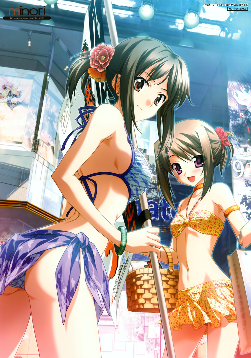 2c=galore 2girls absurdres basket bikini black_hair blush brown_hair ef ef_~a_fairytale_of_the_two~ flag flower hair_flower hair_ornament hayama_mizuki_(angel's_sunday) high_res hirono_nagi mizugi multiple_girls open_mouth oshiri ponytail purple_eyes red_eyes short_hair shouna_mitsuishi tenshi_no_nichiyoubi