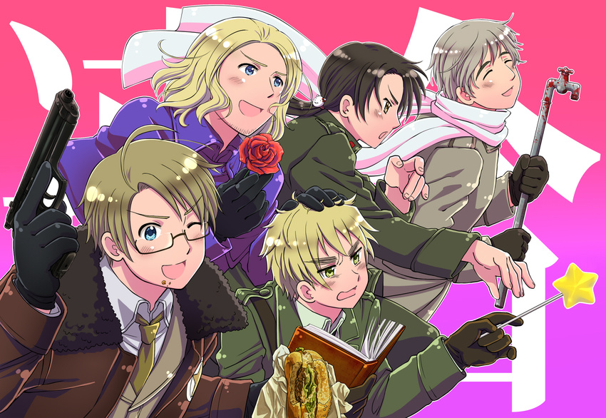 :d ;d ^_^ ahoge america_(hetalia) annoyed axis_powers_hetalia bad_id bad_pixiv_id belt blonde_hair blood blue_eyes book brown_eyes brown_hair china_(hetalia) closed_eyes coat eyebrows faucet flower food france_(hetalia) glasses gloves green_eyes grey_hair group_picture group_profile gun hair_ornament hamburger hand_on_head handgun happy jacket lineup male_focus military military_uniform multiple_boys necktie one_eye_closed open_mouth pistol ponytail profile rose russia_(hetalia) sam_browne_belt scarf smile star uniform united_kingdom_(hetalia) wand weapon yunicoco_(coco-demmy)