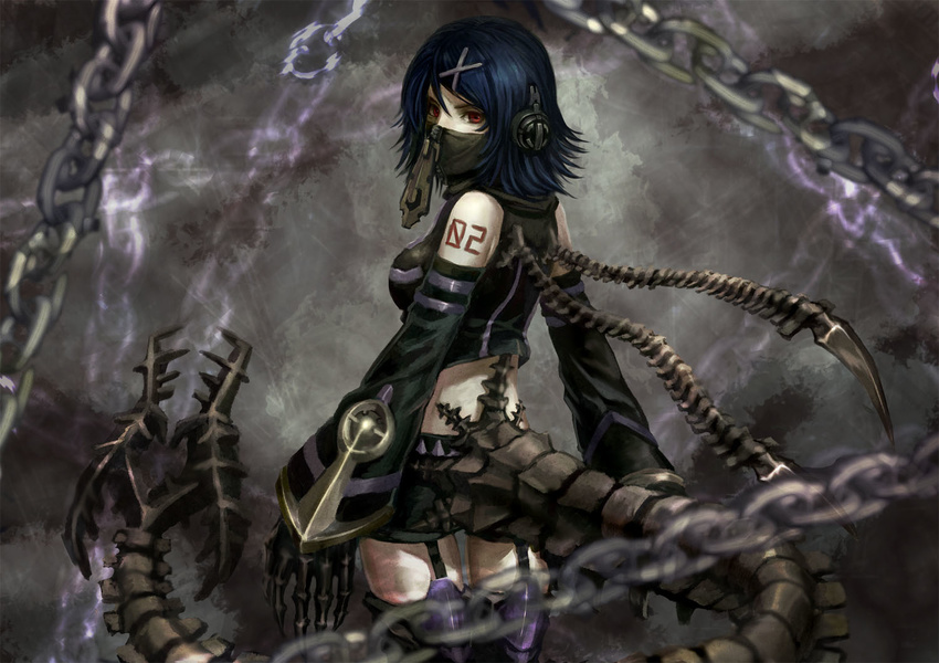 bare_shoulders black_hair black_legwear chain claws dark_persona detached_sleeves face_mask foa_(vocaloid) from_behind gloves hair_ornament hairclip headphones kagamine_rin looking_back mask red_eyes short_hair shorts solo tail thighhighs trans_nido vocaloid zipper