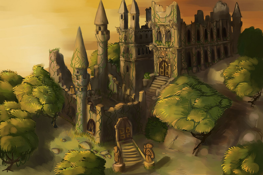 architecture castle castle_of_the_royal_pony_sisters detailed_background everfree_forest forest friendship_is_magic my_little_pony ruins tree unknown_artist wallpaper wood