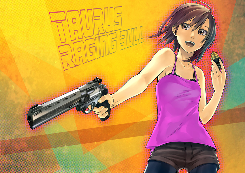 ahoge black_legwear brown_eyes brown_hair camisole casual cocked_hammer collarbone copyright_request gou_(double_trigger) gun handgun legwear_under_shorts open_mouth pantyhose ported_barrel revolver short_shorts shorts solo speedloader strap_gap weapon