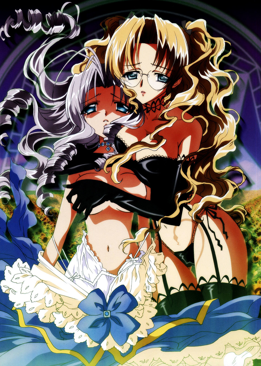 artbook black_gloves black_legwear black_panties blonde_hair blue_eyes breast_grab breasts covering covering_breasts curly_hair dress drill_hair elbow_gloves flower garter_straps glasses gloves grabbing highres jewelry large_breasts lingerie long_hair magic_circle mariel_(yamibou) multiple_girls navel necklace nishida_asako panties ritsuko_(yamibou) scan sunflower tattoo tears thighhighs twintails underwear undressing wide_hips yami_to_boushi_to_hon_no_tabibito yuri
