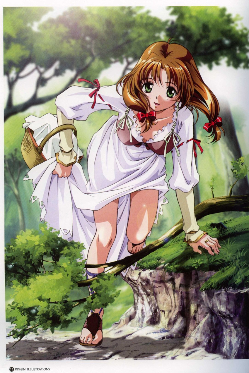 basket bra brown_hair forest highres jewelry lingerie mew_(words_worth) nature ribbon rin-sin ring scan scan_artifacts solo underwear words_worth