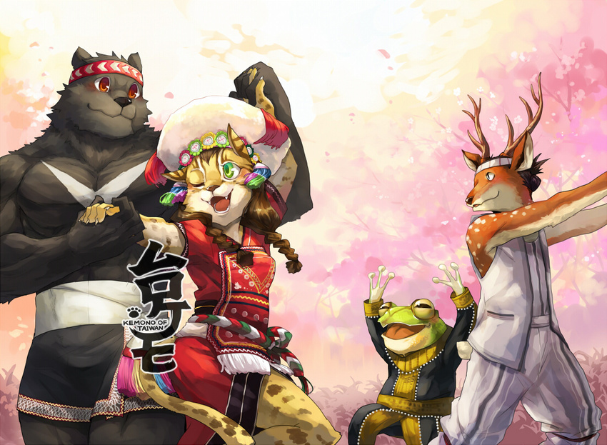 amphibian anthro bandanna blush canine cervine deer dress feline female frog green_eyes group hand_holding hat kemono male mammal noku13456 robbw tree wolf wood