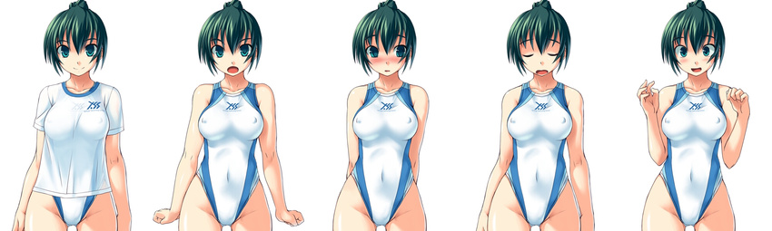 blush bosshi breasts competition_swimsuit covered_navel covered_nipples green_eyes green_hair gym_uniform highleg highleg_swimsuit highres long_image medium_breasts non-web_source one-piece_swimsuit ponytail see-through shirt short_hair swimsuit swimsuit_under_clothes t-shirt wide_image yarisugi_itazura